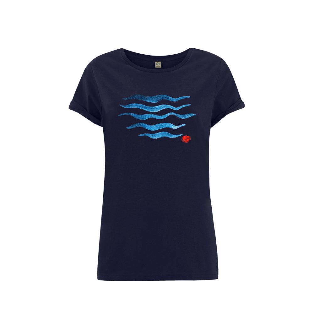 Waves Navy T-Shirt mit mehrfarbigem Wellendruck, gerade geschnitten aus Bio-Baumwolle