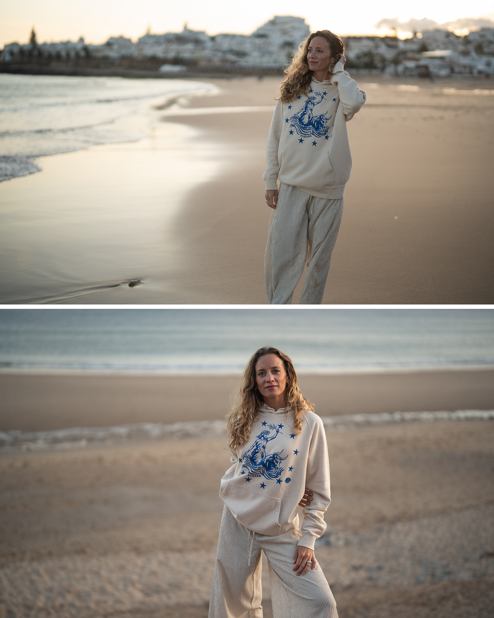 Frau steht im Abendlicht am Strand im Ankerherz Hoodie EUROPA ONE LOVE Ivory Garment Dye, blauer Siebdruck Europa auf Zeus-Stier mit zwölf Sternen von Dani Garreton, Unisex Frontansicht
