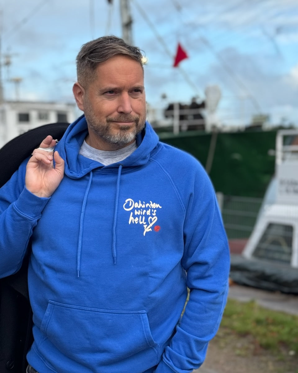 Hoodie "Dahinten wird's hell" – Royalblau  | ankerherz.de